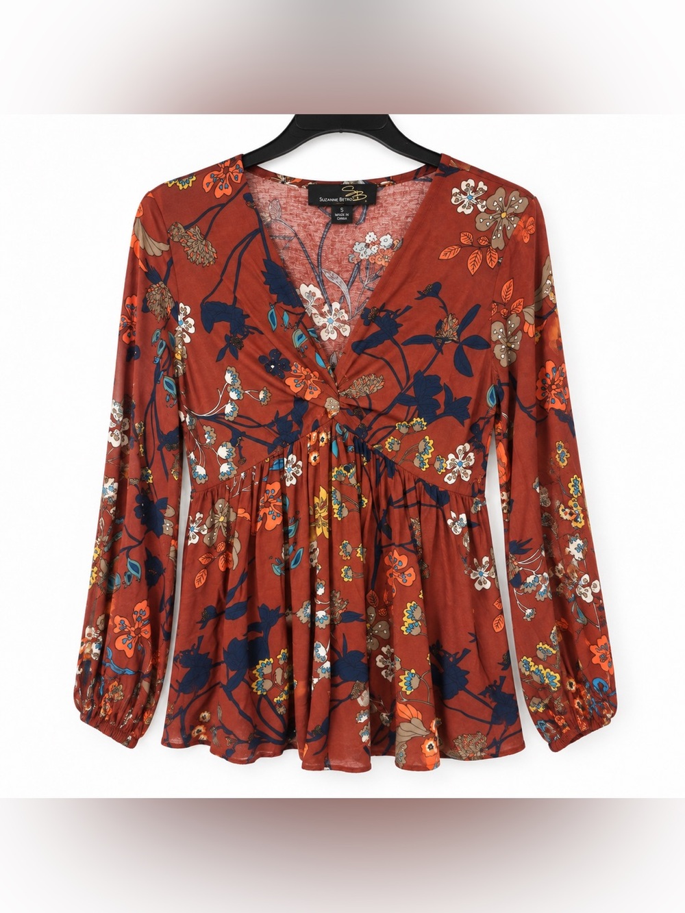 Suzanne Betro Rust Floral Peplum Blouse S Boho Romantic Fall Long Sleeve